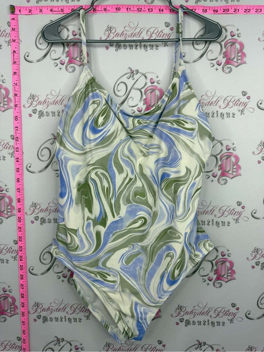 Hurley one piece Swirl Print swoop Neck Bodysuit — Green, Blue & Cream swim pool
